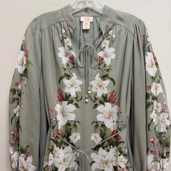 Camila Coelho Floral Mini Dress Blouson Sleeve Waist Tie Size Sage Green Size XS - Picture 4 of 11